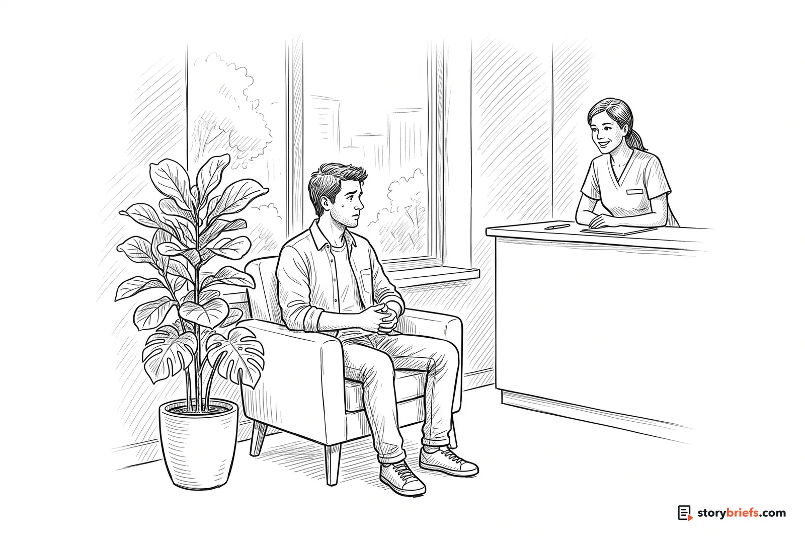 Line drawing of a young man waiting in an armchair in a calm clinic waiting room while a receptionist smiles at him from the front desk.