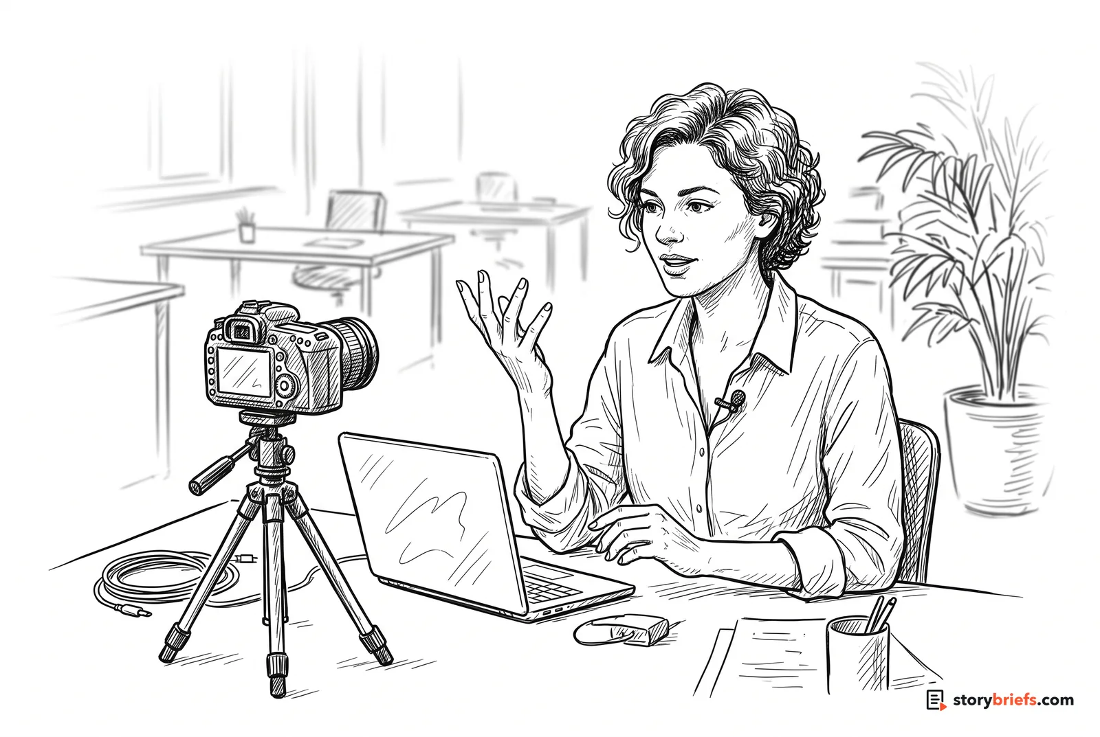 Line drawing of a woman at an office desk with a clip-on microphone, talking and gesturing to a camera on a small tripod beside her laptop.